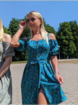Платье из штапеля с открытыми плечиками, Бирюза
