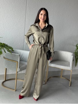 Брюки шелк оливка